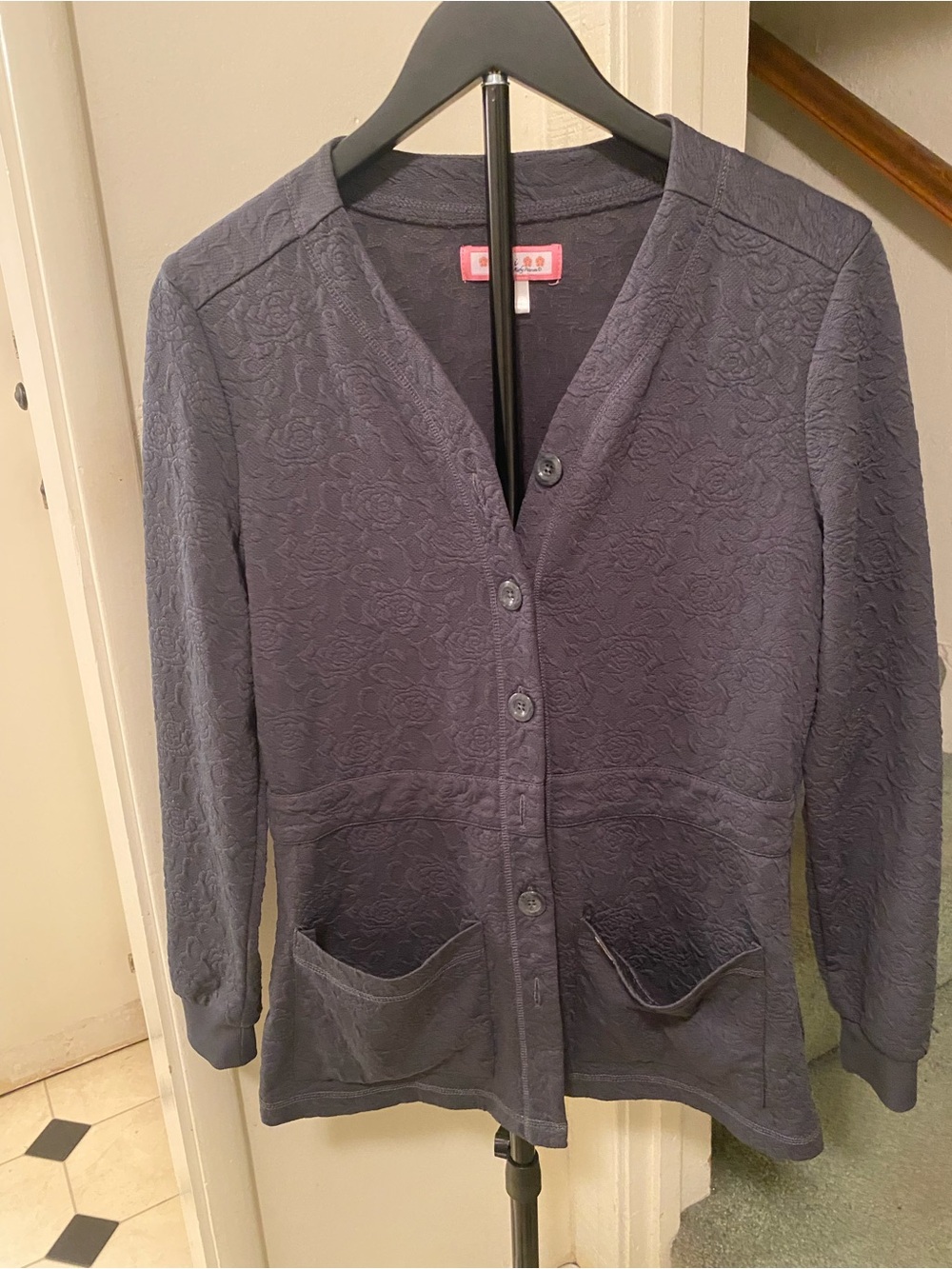 koi Navy gray V-Neck Button Front Textured Cardigan pockets size small - Picture 2 of 9